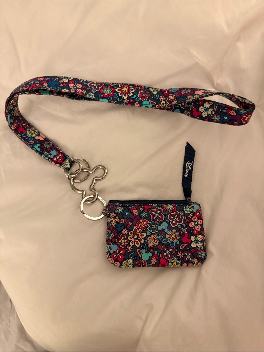 Vera Bradley Disney Navy Floral Lanyard Card Holder with Pink & Teal Flowers